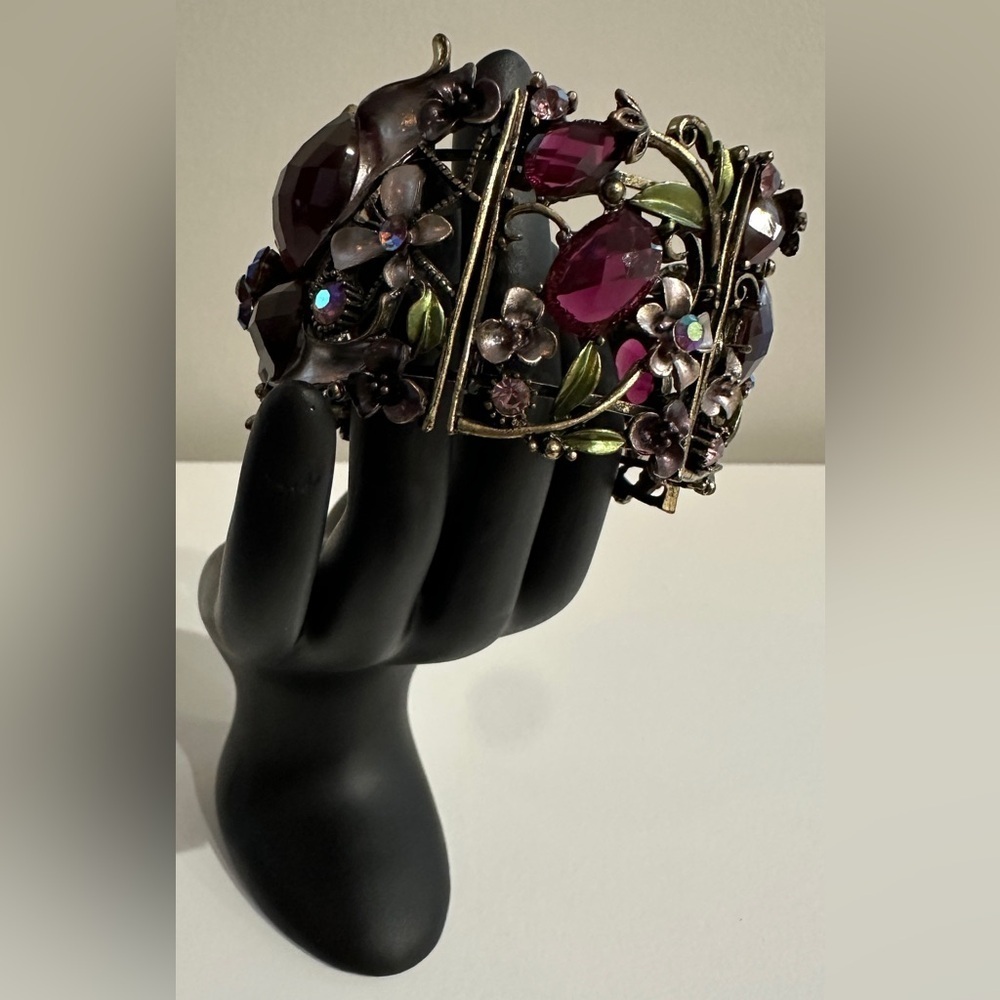 Vintage Floral Cuff Bracelet with Purple Gemstone Accents - Picture 2 of 3
